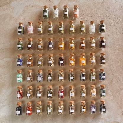Collection of small glass jars with herbs on a textured background.