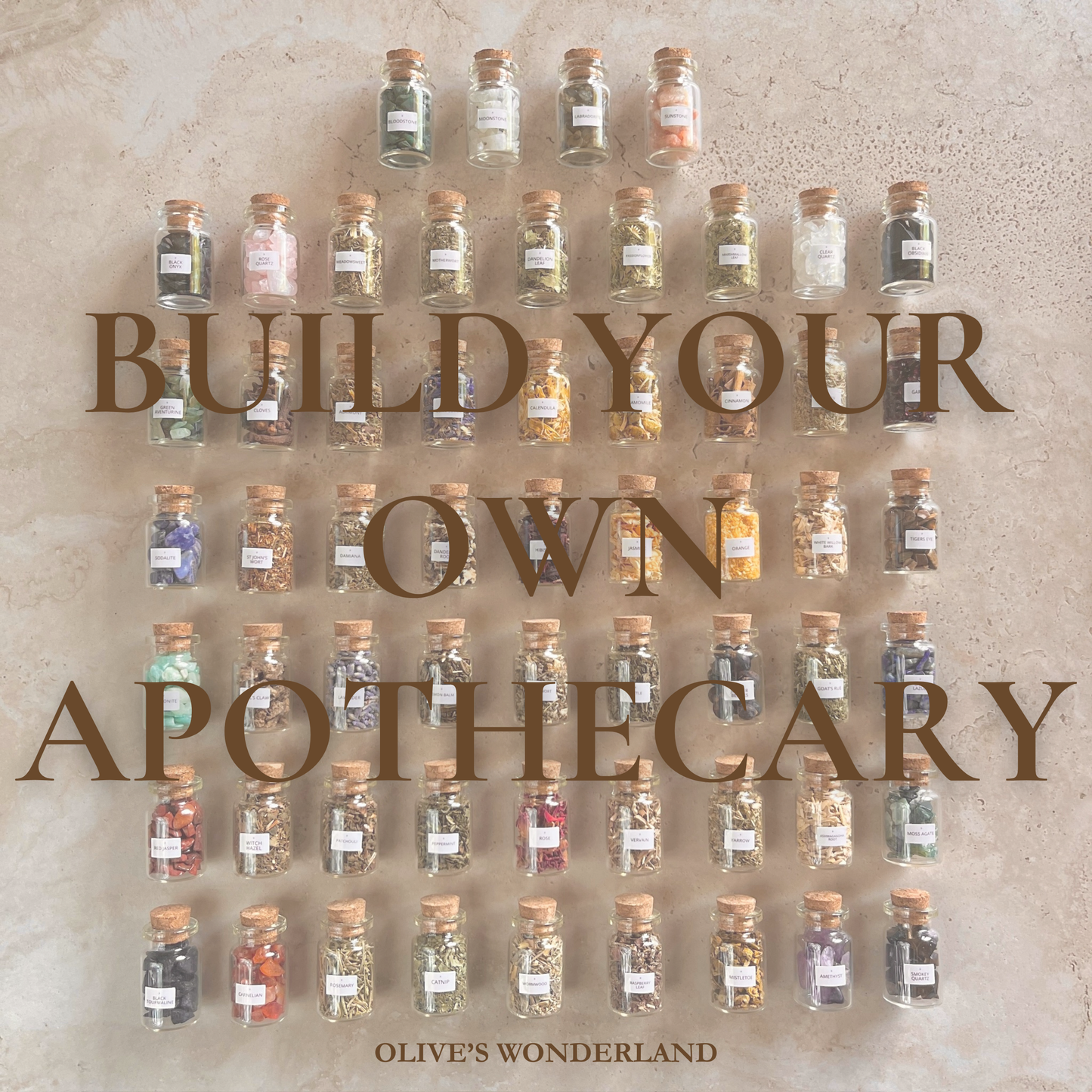 Stone with small glass jars labeled 'Build Your Own Apothecary' by Olive's Wonderland.